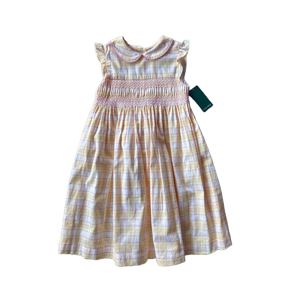 NWT Laura Ashley Girls 5 Yellow & Pink Cotton Sleeveless Smocked Dress Cotton